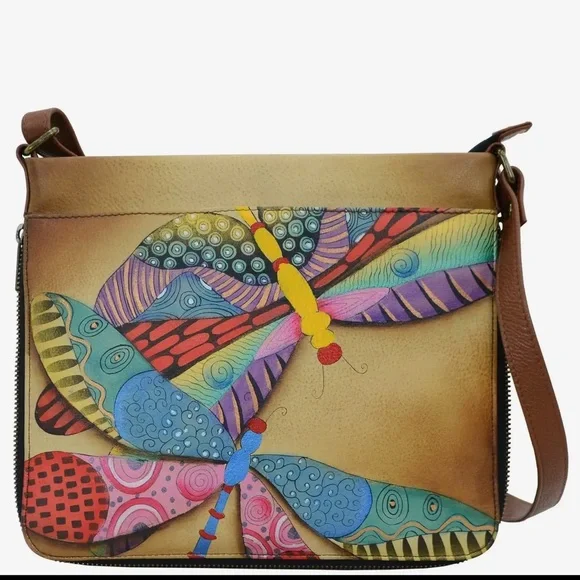 Anuschka Colorful Dragonfly Design Women's Bag Expandable Crossbody NWT - Picture 1 of 5